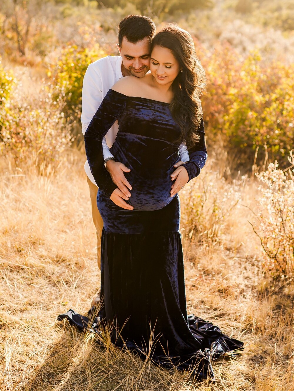 Off-Shoulder Velvet Maternity Mermaid Gown - Navy